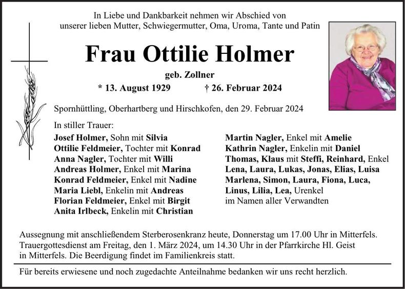 Traueranzeige Ottilie Holmer