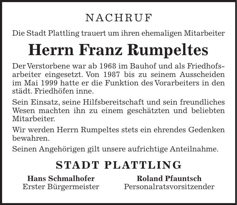 Traueranzeige Franz Rumpeltes