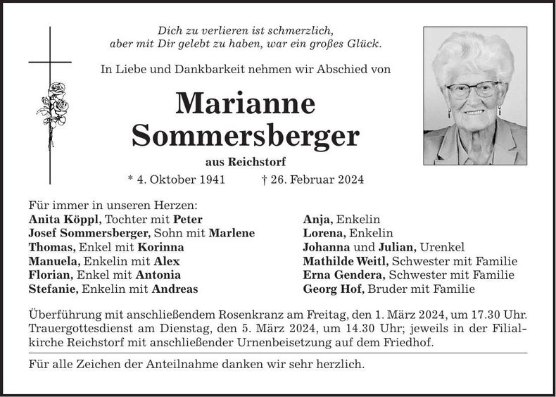 Traueranzeige Marianne Sommersberger