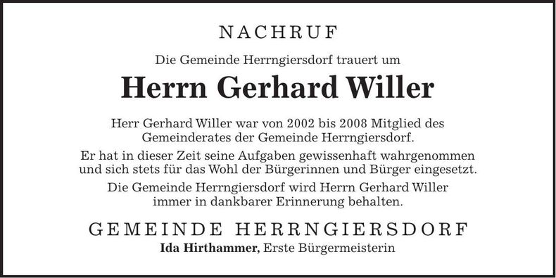 Traueranzeige Gerhard Willer