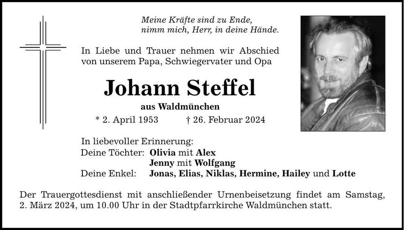 Traueranzeige Johann Steffel