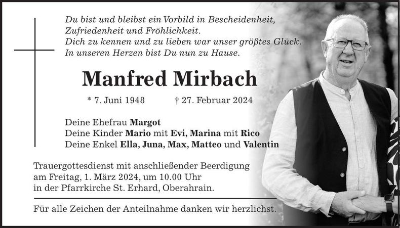 Traueranzeige Manfred Mirbach