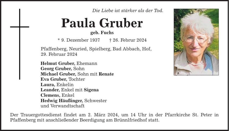 Traueranzeige Paula Gruber