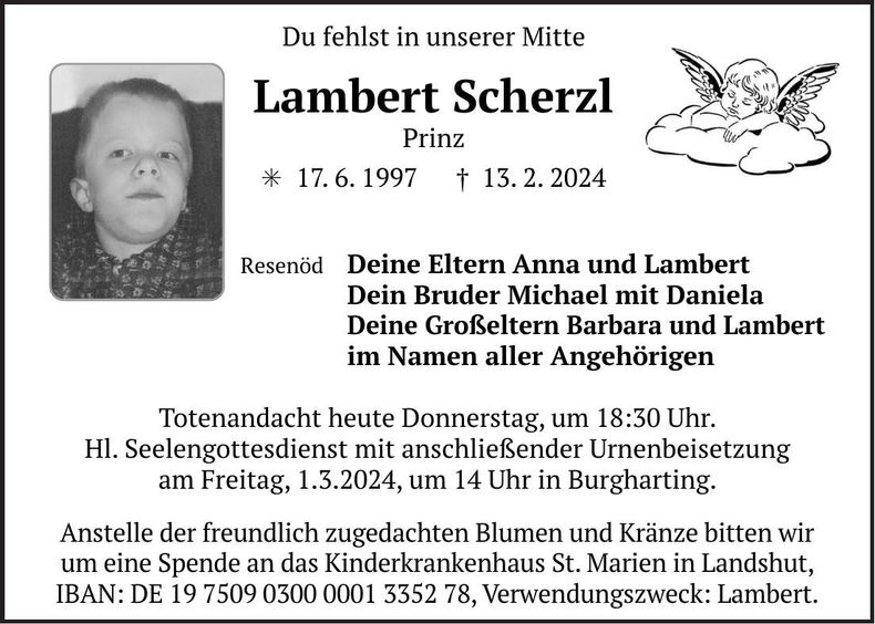 Traueranzeige Lambert Scherzl