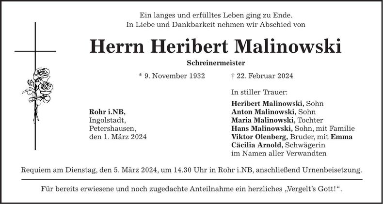 Traueranzeige Herbert Malinowski