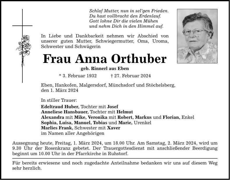 Traueranzeige Anna Orthuber