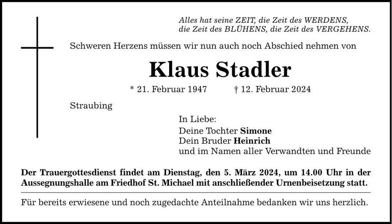 Traueranzeige Klaus Stadler