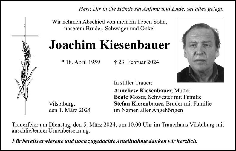 Traueranzeige Joachim Kiesenbauer