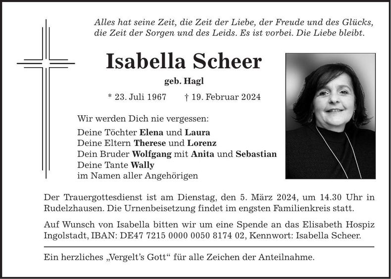 Traueranzeige Isabella Scheer