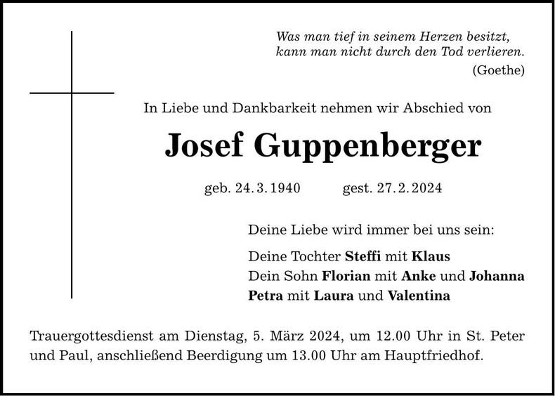 Traueranzeige Josef Guppenberger
