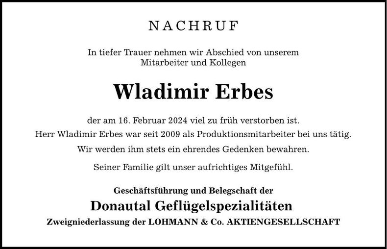 Traueranzeige Wladimir Erbes