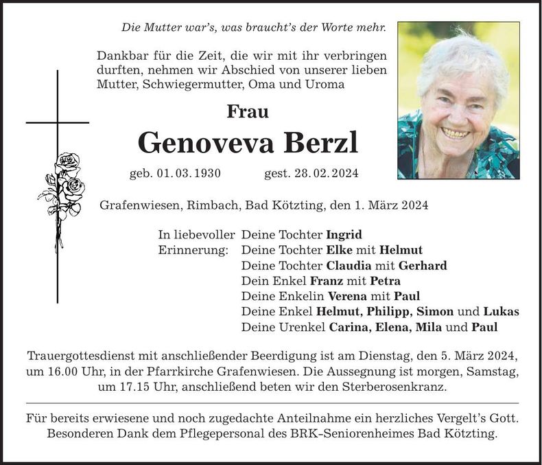 Traueranzeige Genoveva Berzl