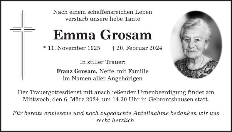 Traueranzeige Emma Grosam
