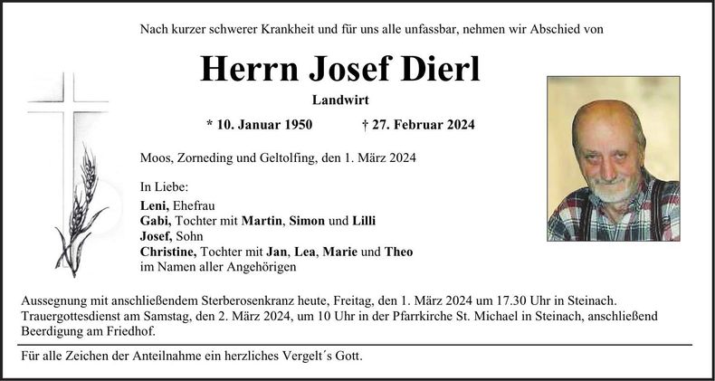 Traueranzeige Josef Dierl