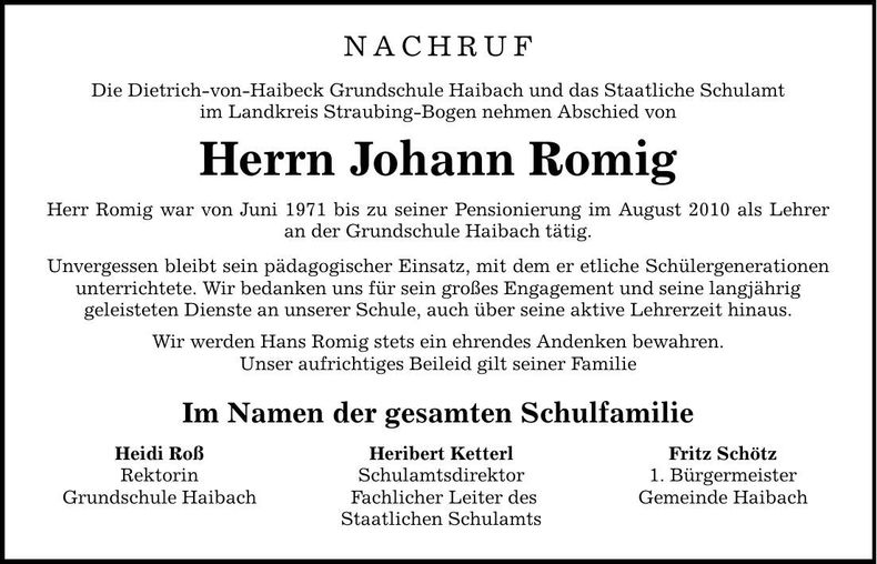 Traueranzeige Johann Romig