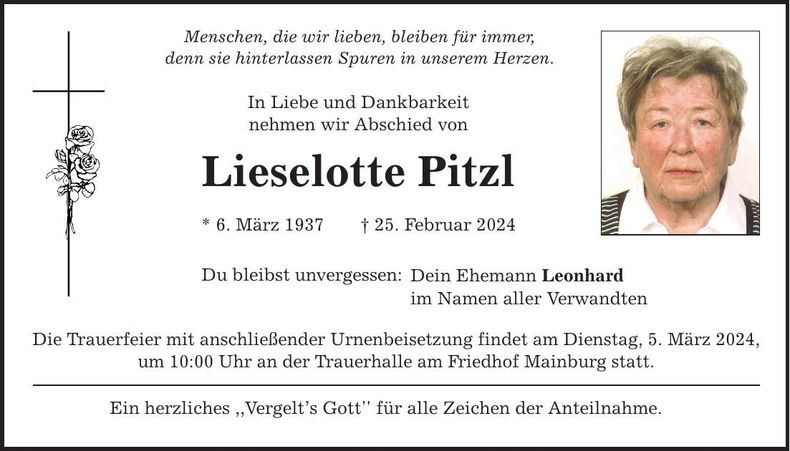 Traueranzeige Lieselotte Pitzl