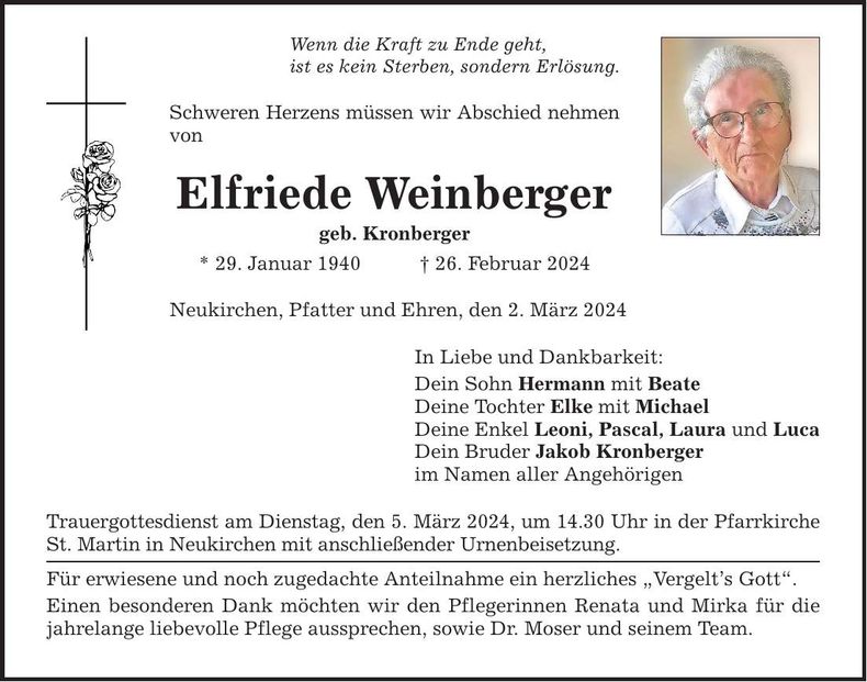 Traueranzeige Elfriede Weinberger