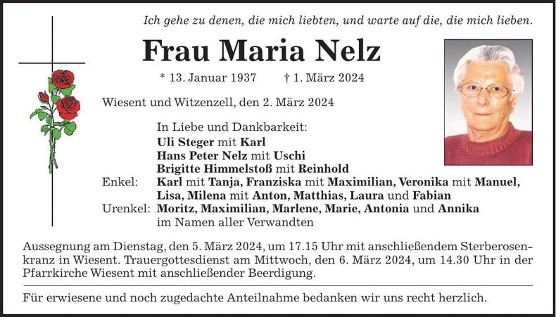 Traueranzeige Maria Nelz