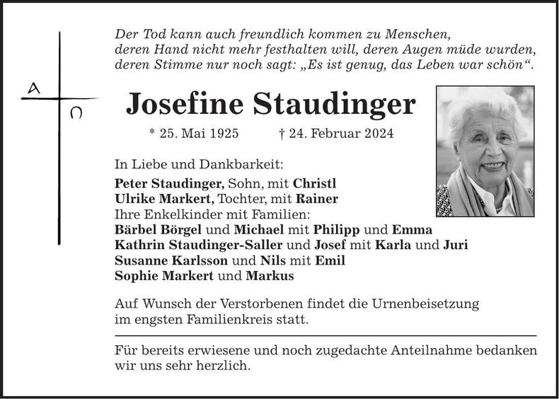 Traueranzeige Josefine Staudinger