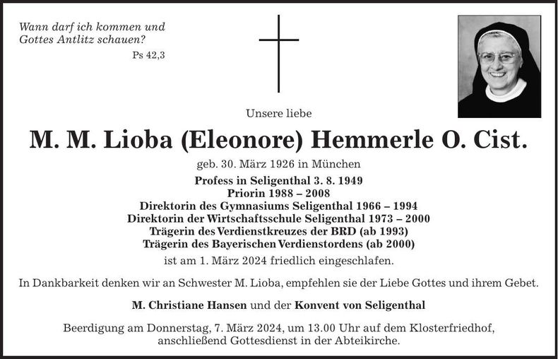 Traueranzeige Hemmerle Lioba (Eleonore)
