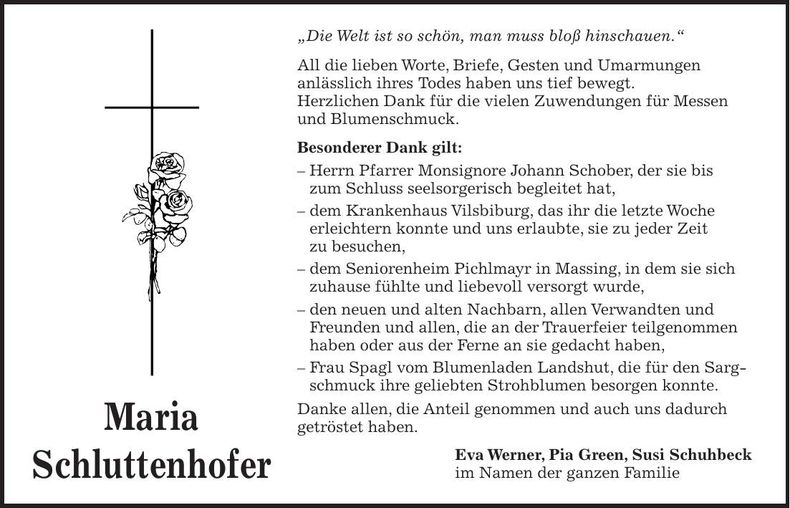 Traueranzeige Maria Schluttenhofer