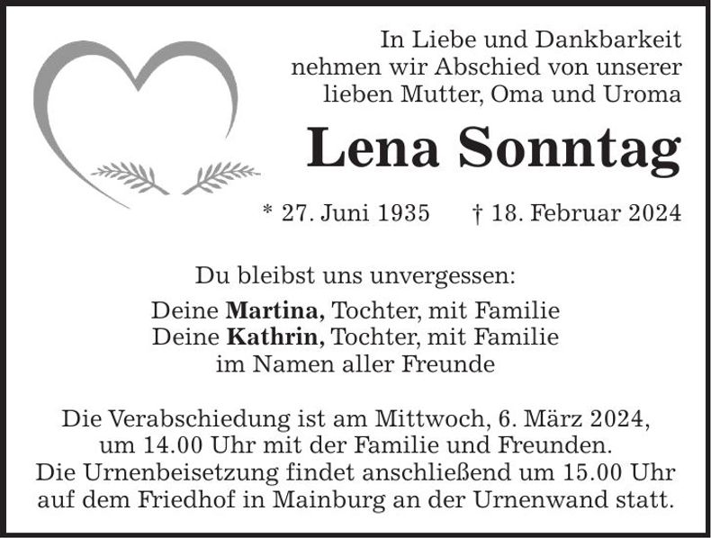 Traueranzeige Lena Sonntag