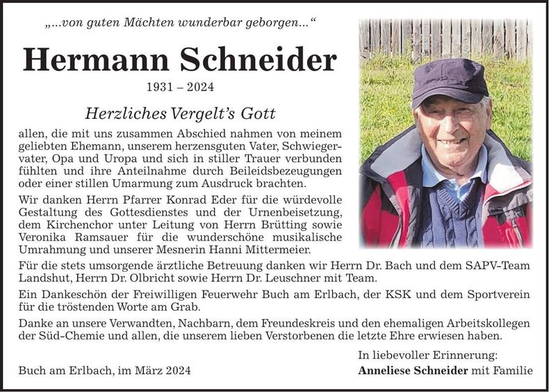 Traueranzeige Hermann Schneider
