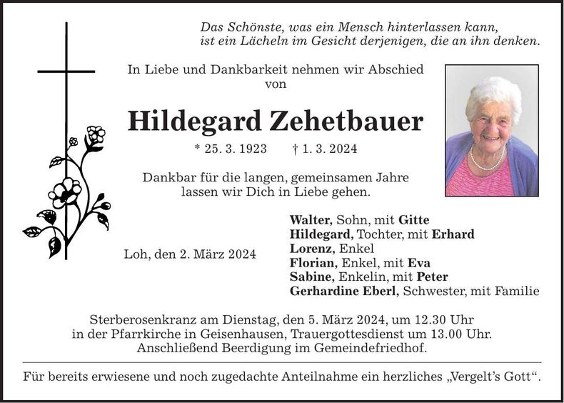 Traueranzeige Hildegard Zehetbauer
