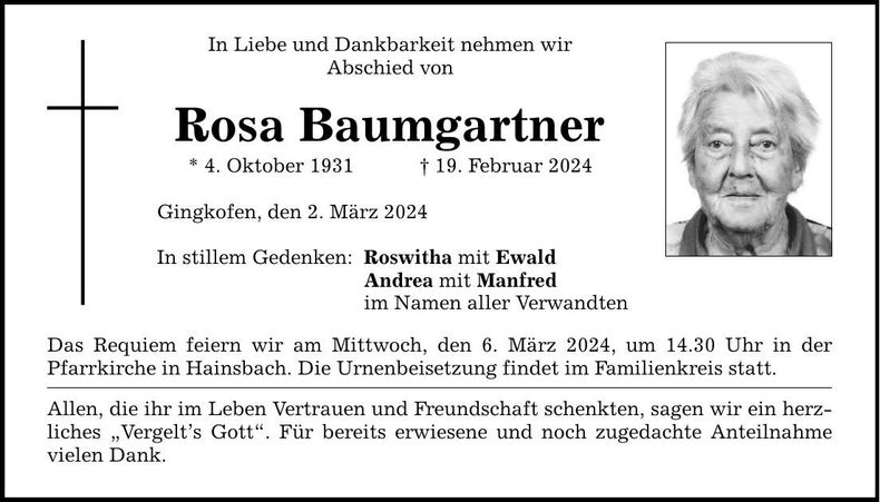 Traueranzeige Rosa Baumgartner