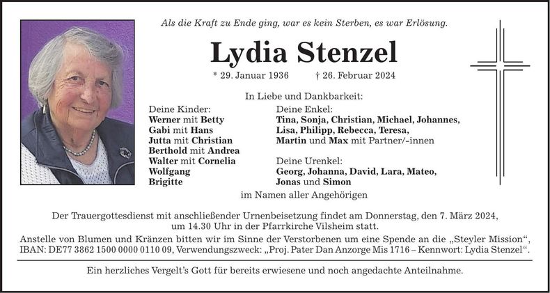 Traueranzeige Lydia Stenzel