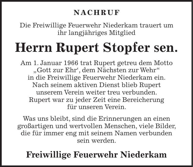 Traueranzeige Rupert Stopfer