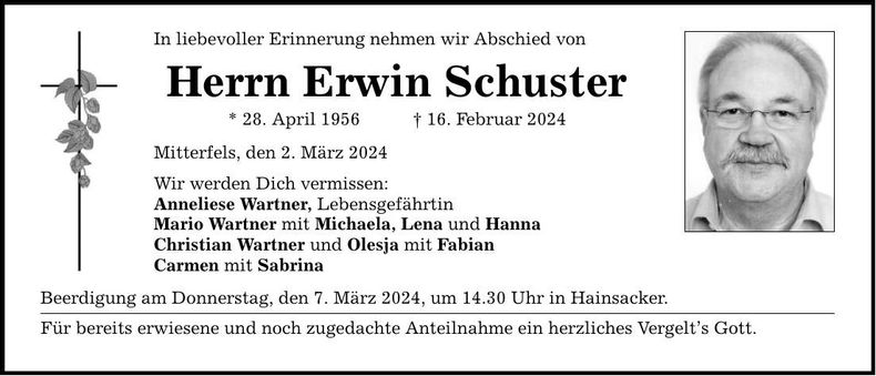 Traueranzeige Erwin Schuster