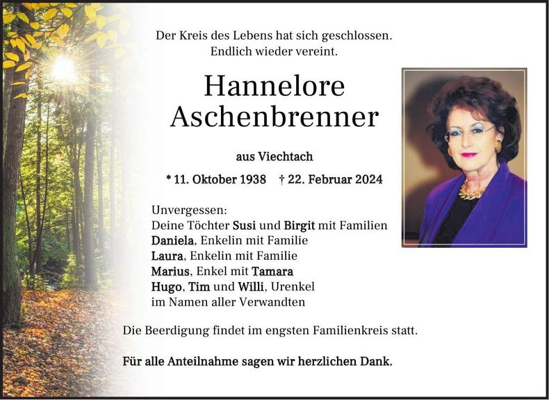 Traueranzeige Hannelore Aschenbrenner