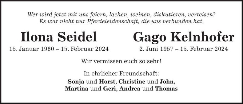 Traueranzeige Ilona, Gago Seidel, Kelnhofer