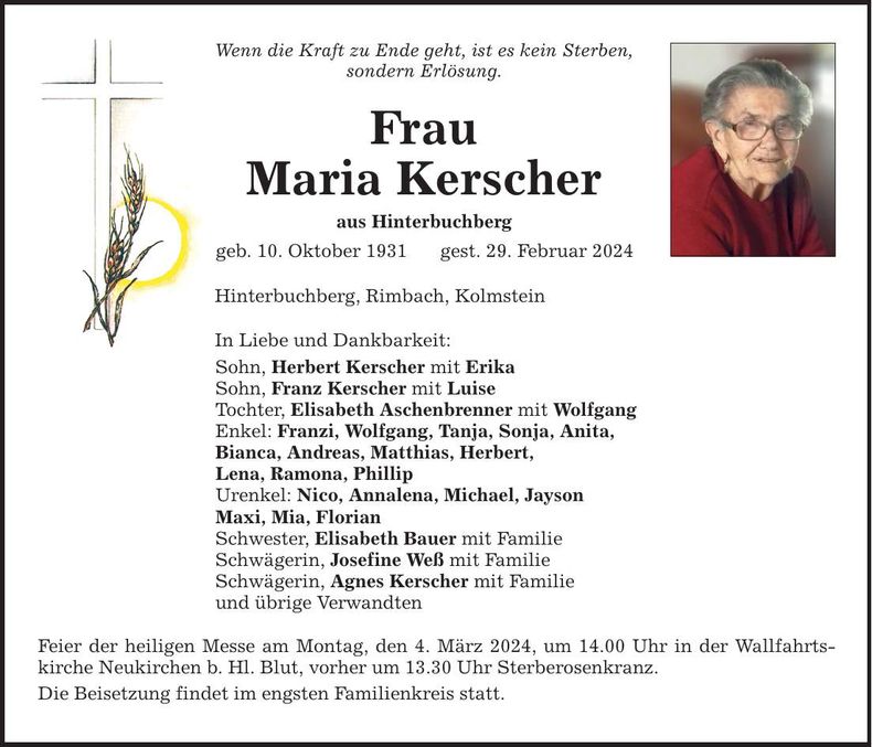 Traueranzeige Maria Kerscher