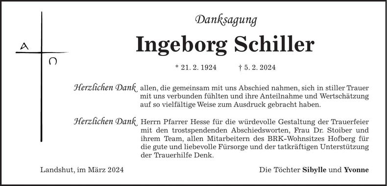 Traueranzeige Ingeborg Schiller