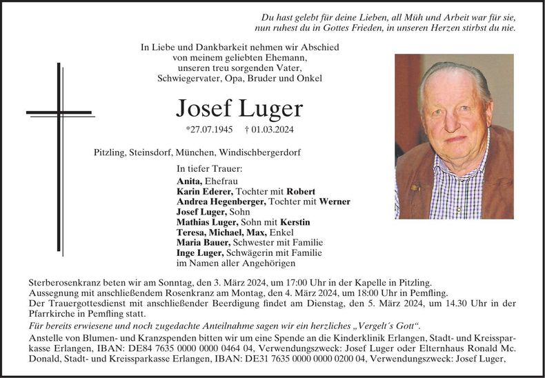 Traueranzeige Josef Luger