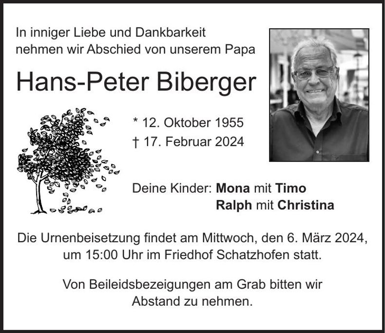 Traueranzeige Hans-Peter Biberger