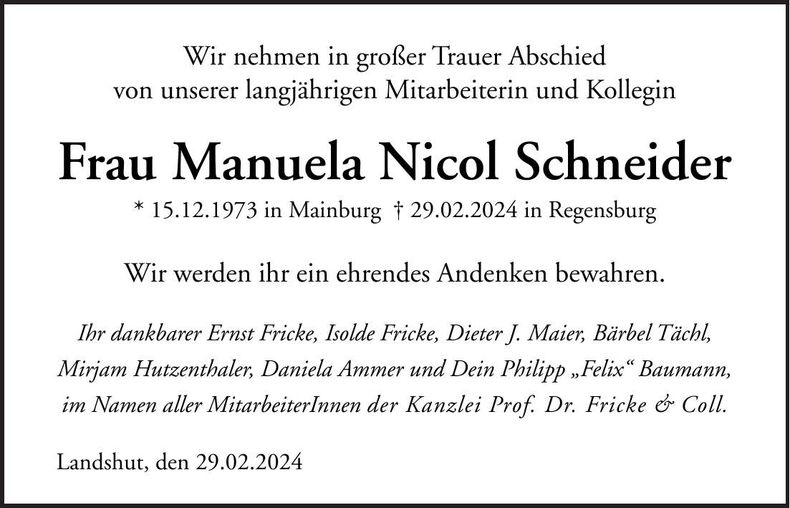 Traueranzeige Manuela Nicole Schneider