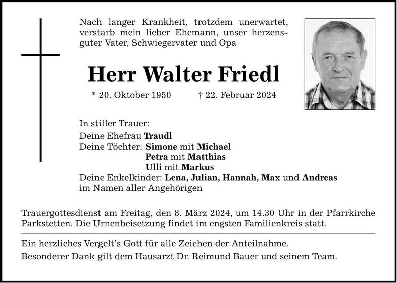 Traueranzeige Walter Friedl
