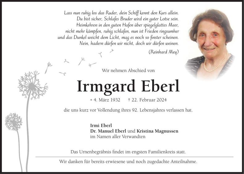 Traueranzeige Irmgard Eberl