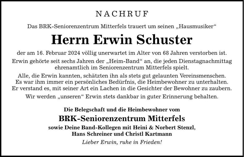 Traueranzeige Erwin Schuster