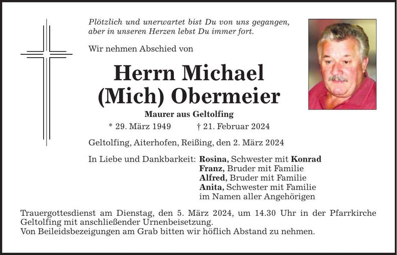 Traueranzeige Michael Obermeier