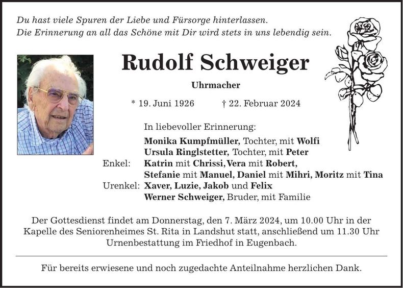 Traueranzeige Rudolf Schweiger