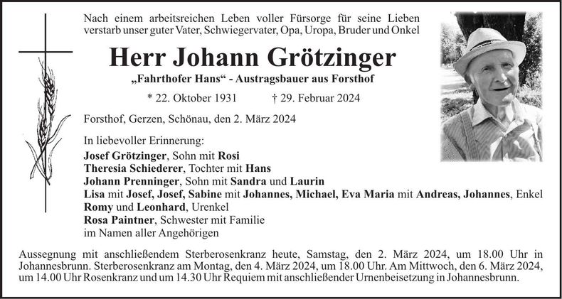 Traueranzeige Johann Grötzinger