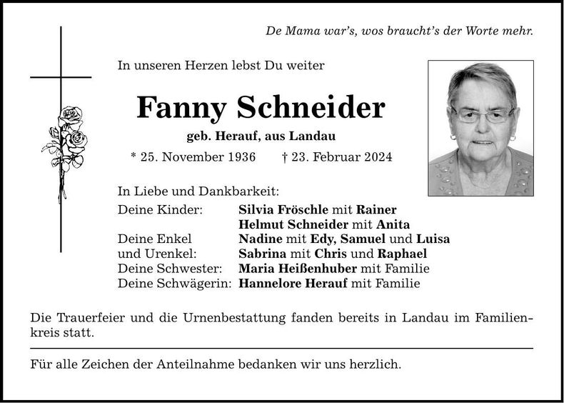 Traueranzeige Fanny Schneider