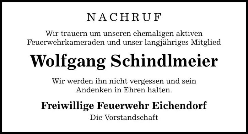 Traueranzeige Wolfgang Schindlmeier