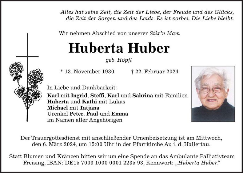 Traueranzeige Huberta Huber