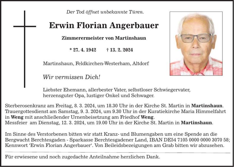 Traueranzeige Erwin Florian Angerbauer