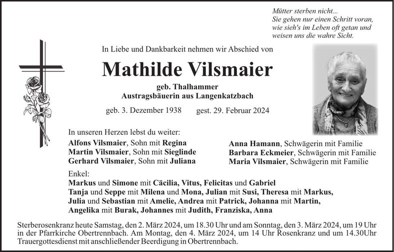 Traueranzeige Mathilde Vilsmaier